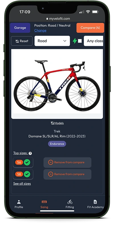 MyVeloFit bike sizing app screen